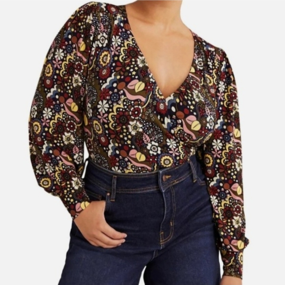 Boden  Retro  floral  blouson‎ sleeve jersey Wrap Top  12 nwt Bohemian cottage